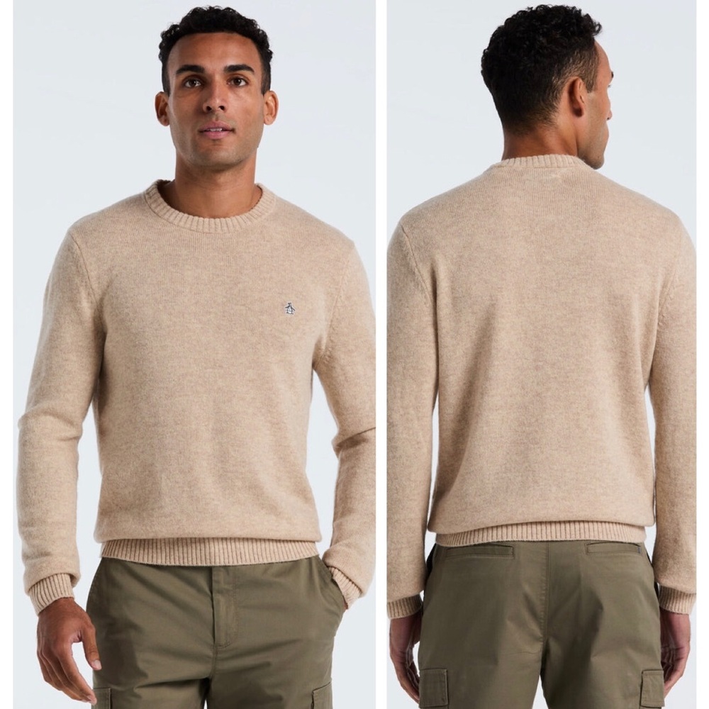Original Penguin Lambswool Crewneck Long Sleeves Neutral  Birch Tan Sweater M
